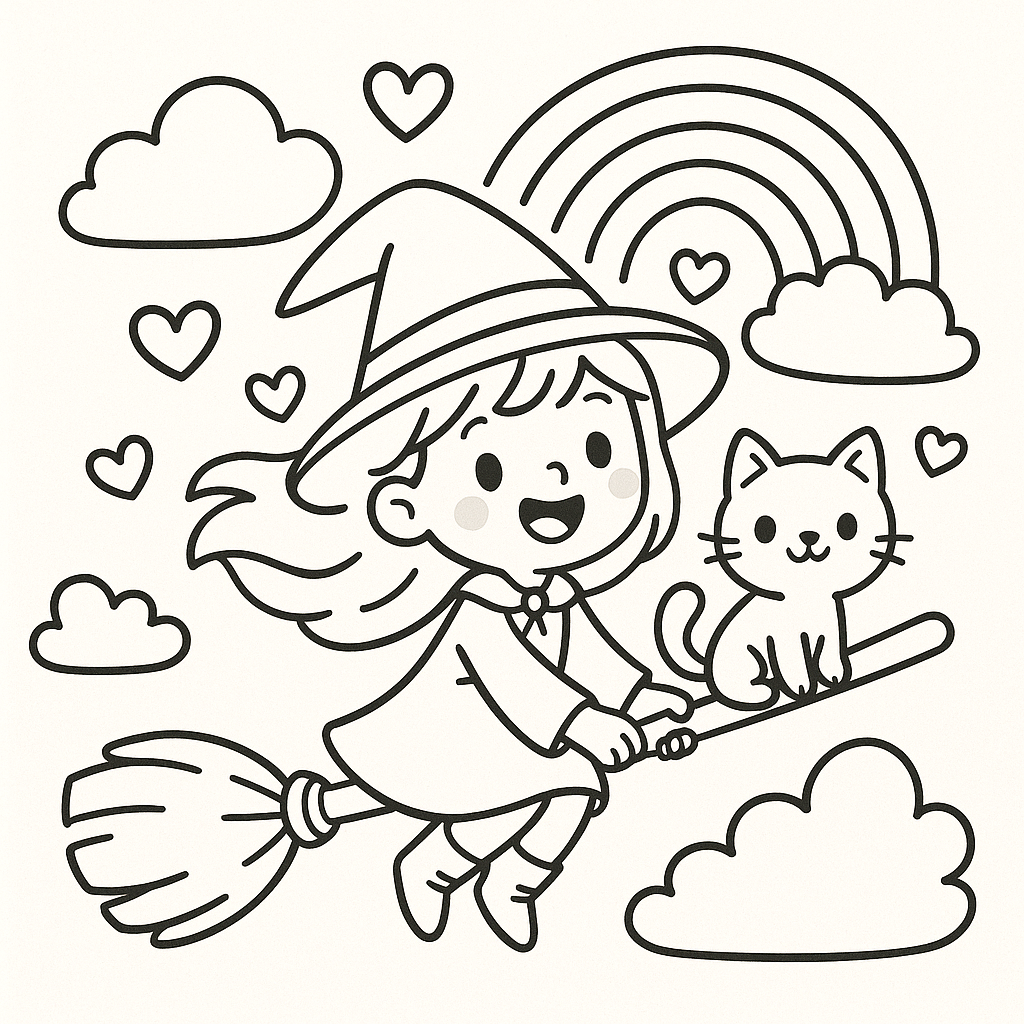 Čarodějnice omalovánka cute Dětská omalovánka Čarodějnice omalovánka cute - obrázek k vytisknutí a vybarvení zdarma