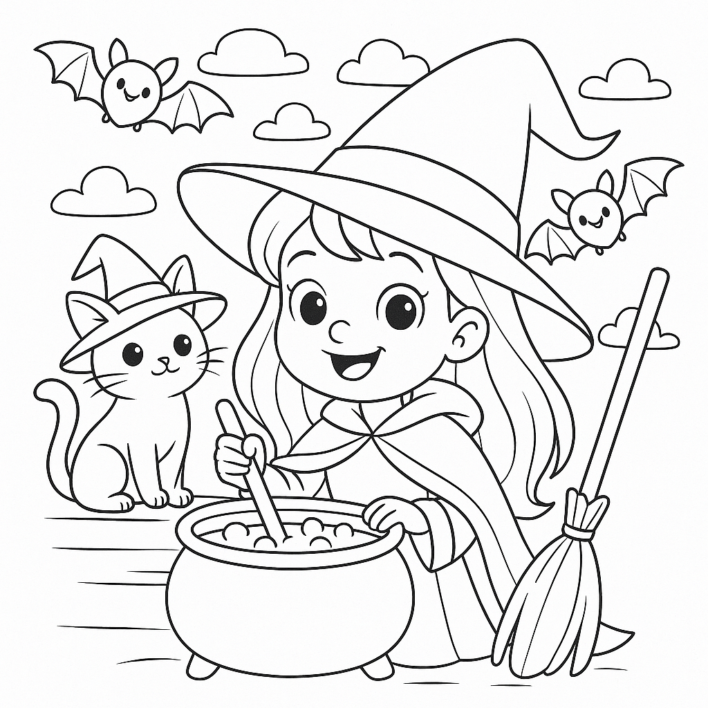 Čarodějnice omalovánka kočka Omalovánka Čarodějnice omalovánka kočka k vytisknutí zdarma pro děti - vybarvěte si krásný obrázek