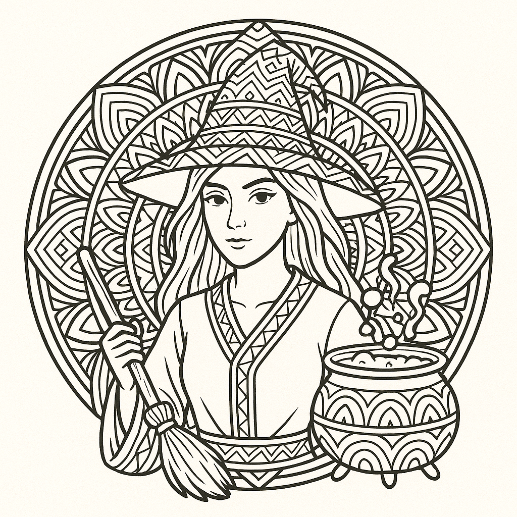 Čarodějnice omalovánka mandala Čarodějnice omalovánka mandala - omalovánka k vytisknutí a vybarvení pro děti zdarma