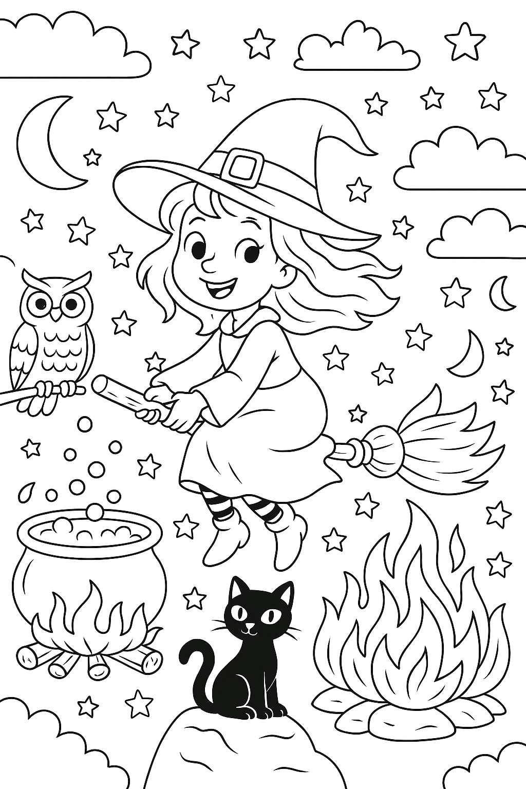 Čarodějnice omalovánka Dětská omalovánka Čarodějnice omalovánka - obrázek k vytisknutí a vybarvení zdarma