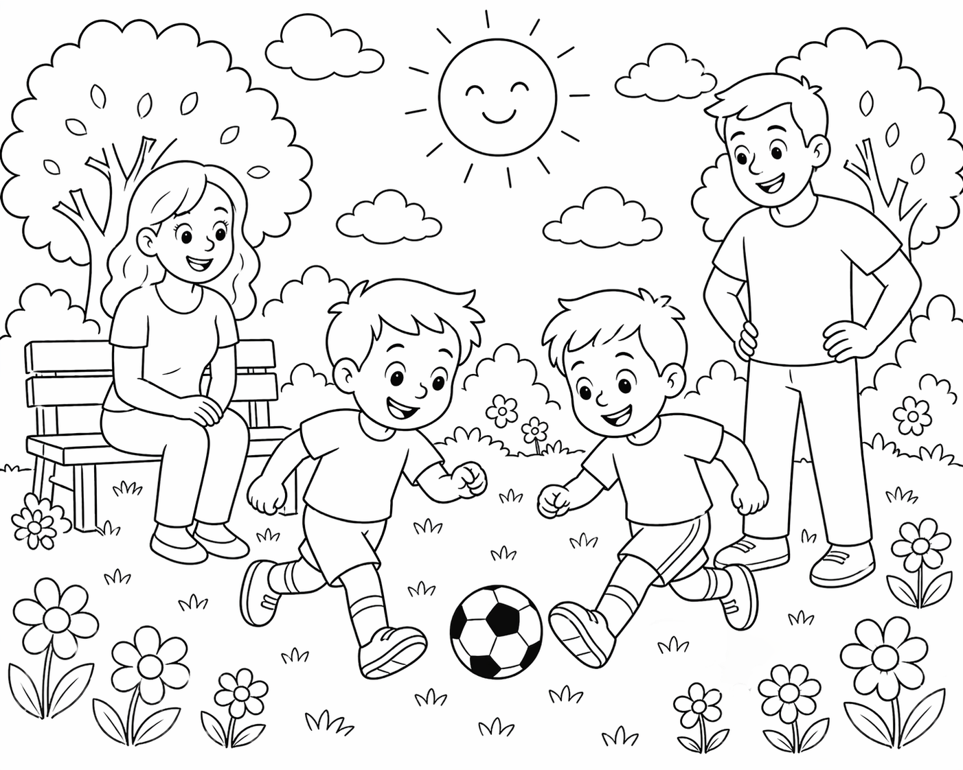 Omalovánka Den rodiny k vybarvení pro děti - zábavný obrázek k vytisknutí zdarma