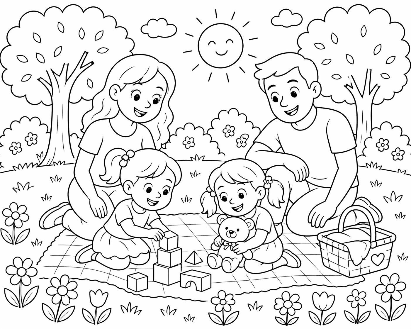 Omalovánka ke Dni rodiny pro děti k vytisknutí - rodinný obrázek k vybarvení