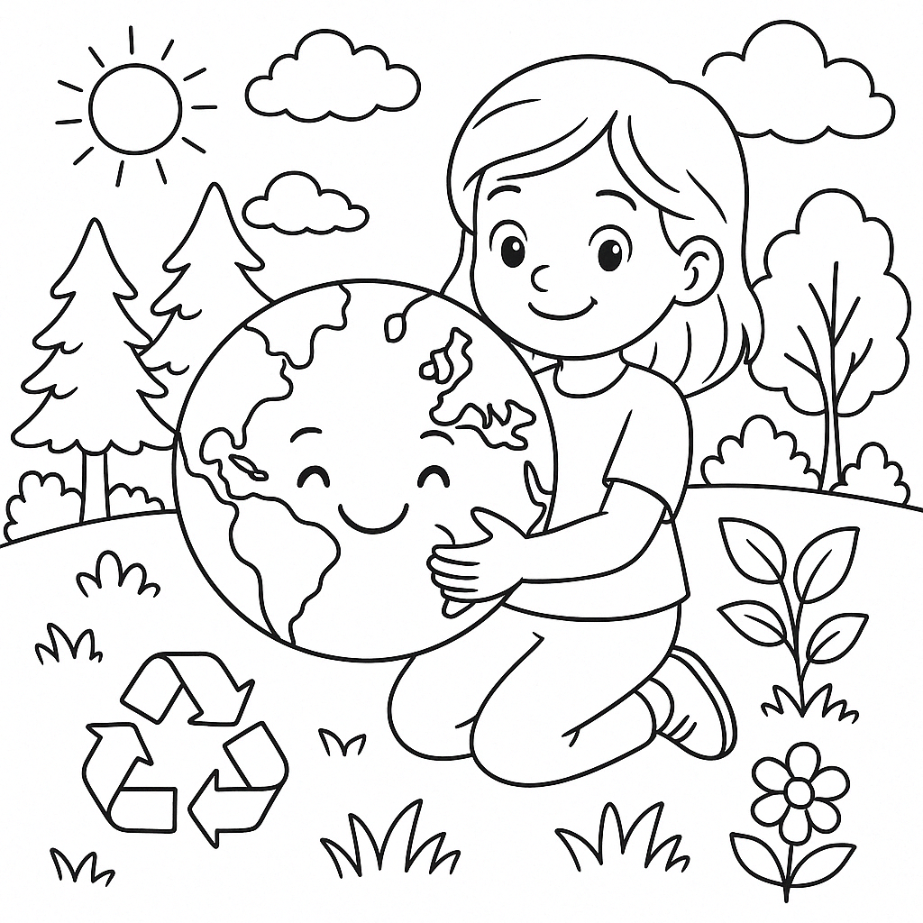 Omalovánka Den Země holka k vytisknutí zdarma - krásný obrázek pro děti k vybarvení