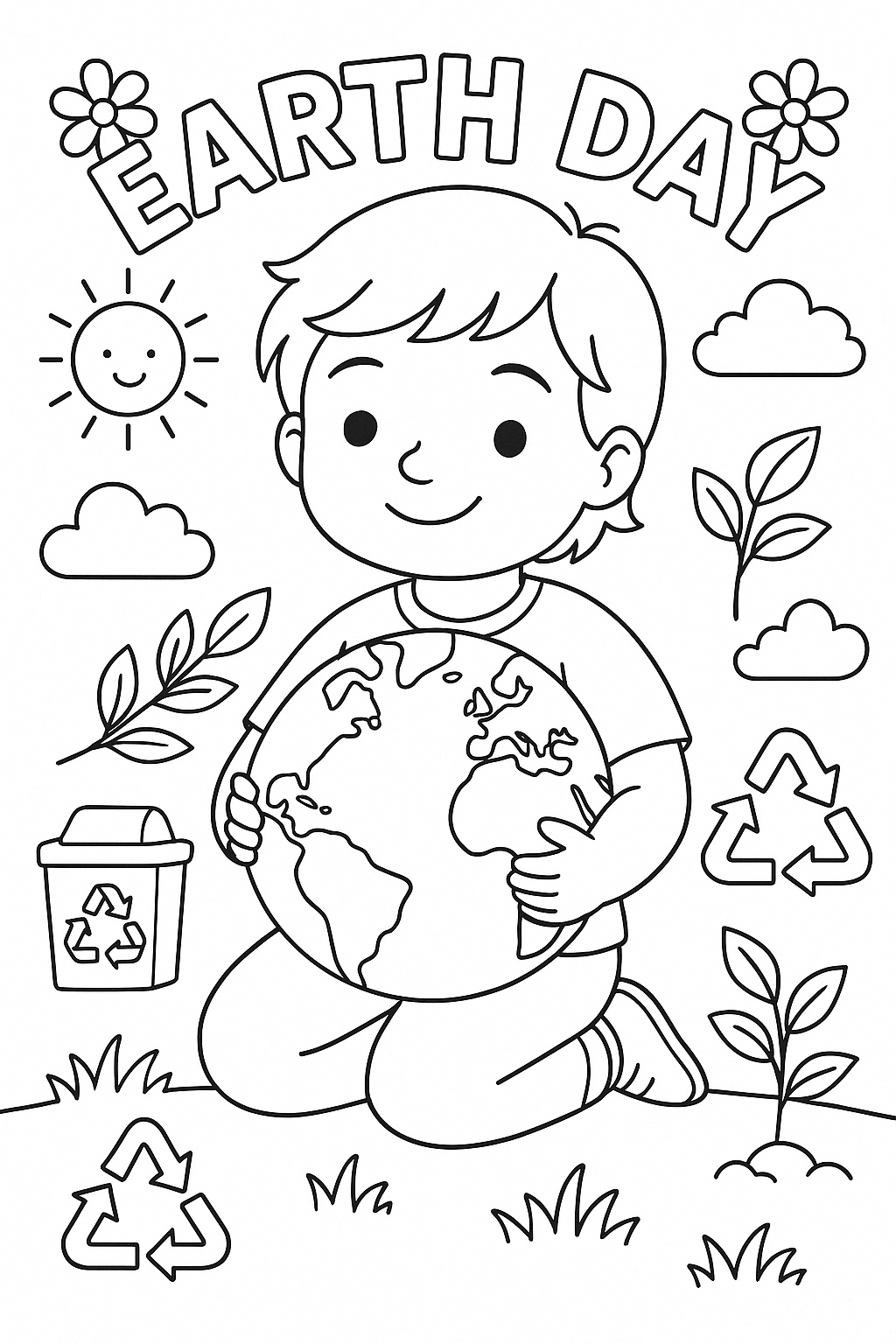 Omalovánka Den Země kluk pro děti k vytisknutí - zábavný obrázek k vybarvení