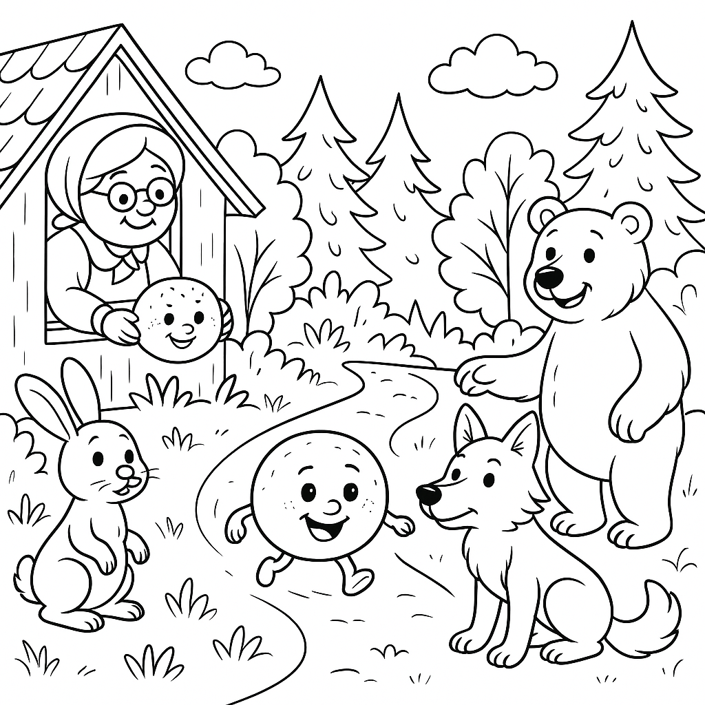 Omalovánka Pohádka o koblížkovi k vytisknutí zdarma pro děti - vybarvěte si krásný obrázek