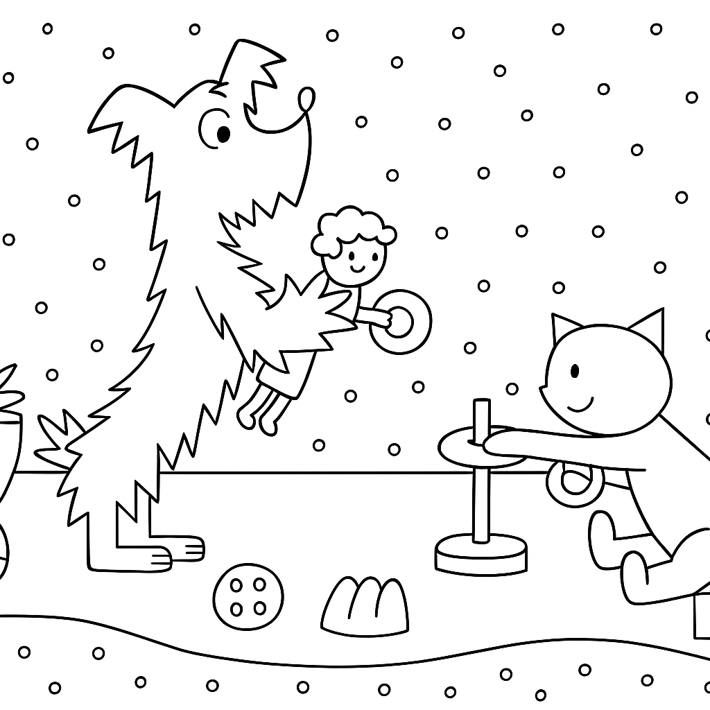 O pejskovi a kočičce Dětská omalovánka O pejskovi a kočičce - obrázek k vytisknutí a vybarvení zdarma