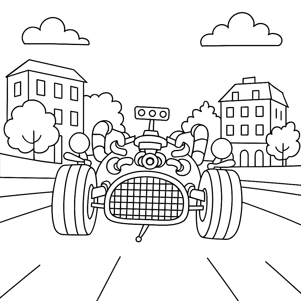 Omalovánka Rally: Od Paříže k pyramidám k vytisknutí zdarma pro děti - vybarvěte si krásný obrázek