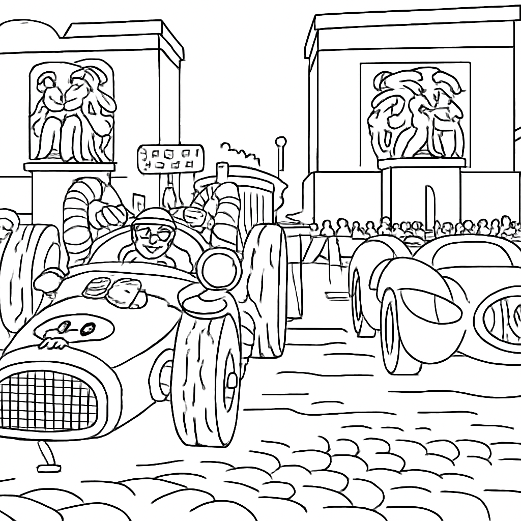 Dětská omalovánka Rally: Od Paříže k pyramidám - obrázek k vytisknutí a vybarvení zdarma