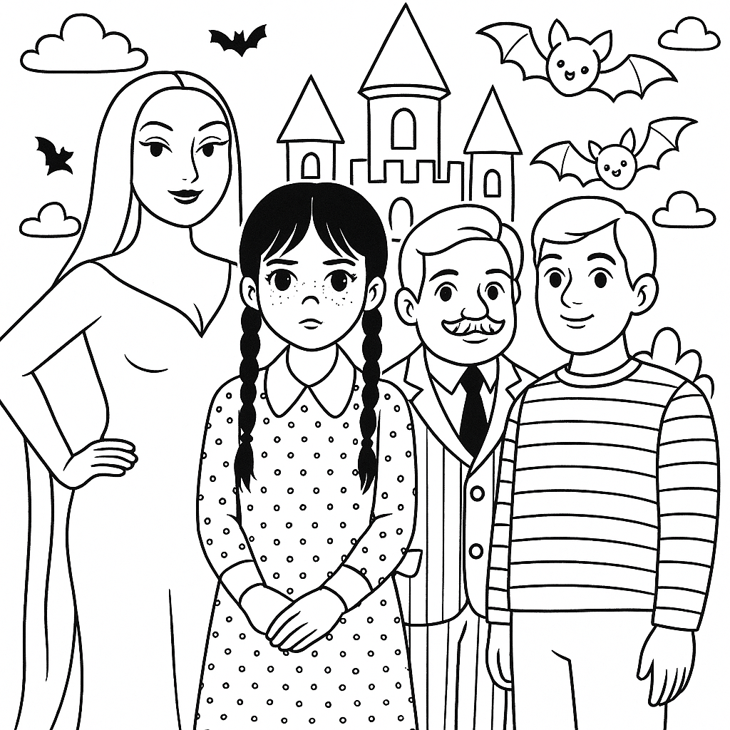 Wednesday omalovánka rodina - omalovánka k vytisknutí a vybarvení pro děti zdarma