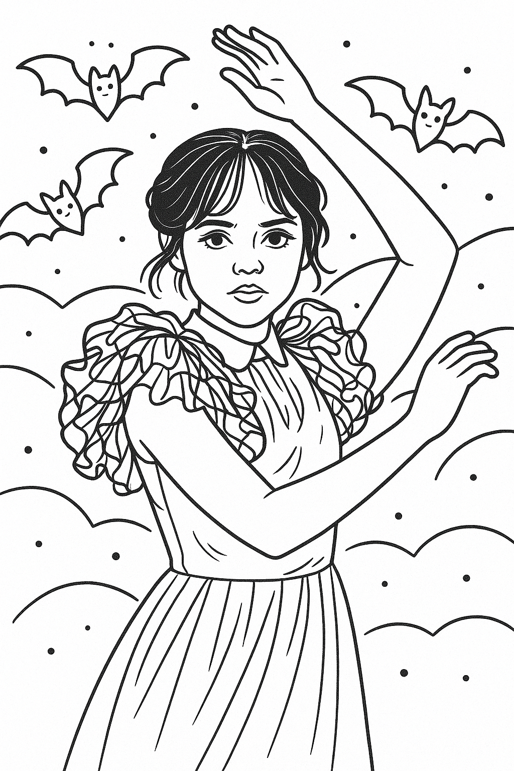 Dětská omalovánka Wednesday omalovánka tanec - obrázek k vytisknutí a vybarvení zdarma